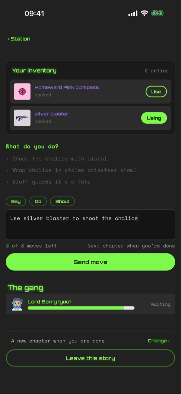 Writing a move: 'Use silver blaster to shoot the chalice', with the character's inventory of relics above.