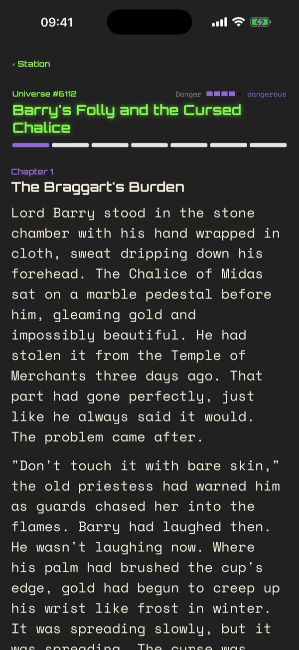 A chapter of an adventure in the Universe #1340 app: Barry's Folly and the Cursed Chalice, chapter 1, The Braggart's Burden.