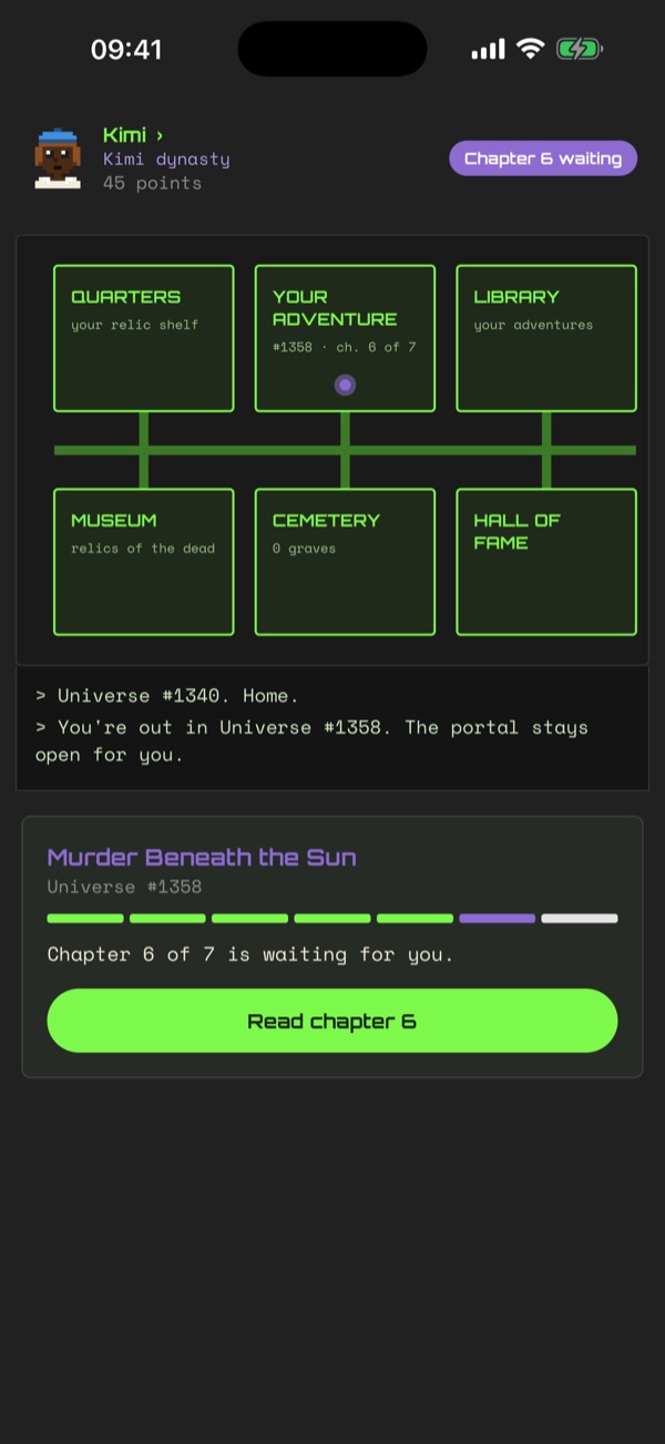 Home in Universe #1340: a map of rooms (Quarters, Portal Bay, Library, Museum, Cemetery, Hall of Fame) and the adventure in progress.