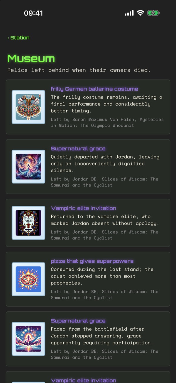 The Museum: pixel-art relics left behind by fallen characters.