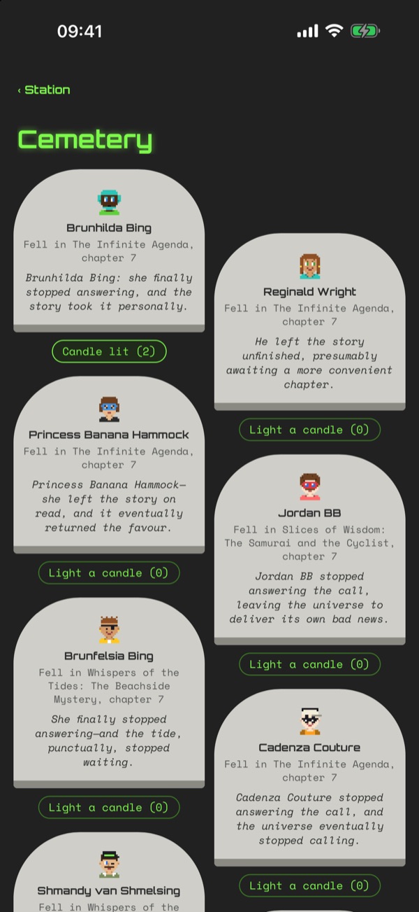 The Cemetery: gravestones with epitaphs for characters who died in their adventures.